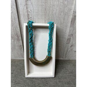 Turquoise & Gold Tone Braided Beaded Necklace w/ Brass Clasp Womens Fashion